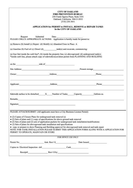 Application For Permit To Install, Remove Or Repair Tanks In The City Of Oakland Printable pdf