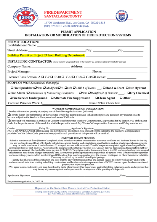 Fillable Permit Application - Installation Or Modification Of Fire Protection Systems - Santa Clara County Printable pdf