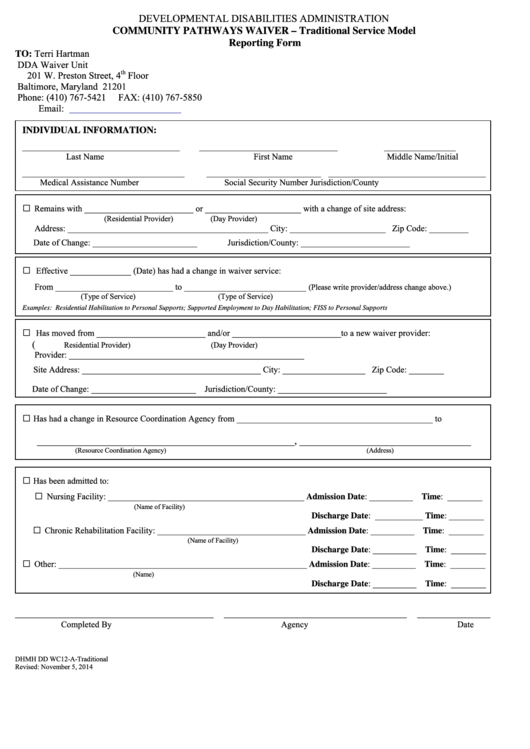Form Dhmh Dd Wc12-A - Traditional Service Model Reporting Form - Developmental Disabilities Administration Printable pdf