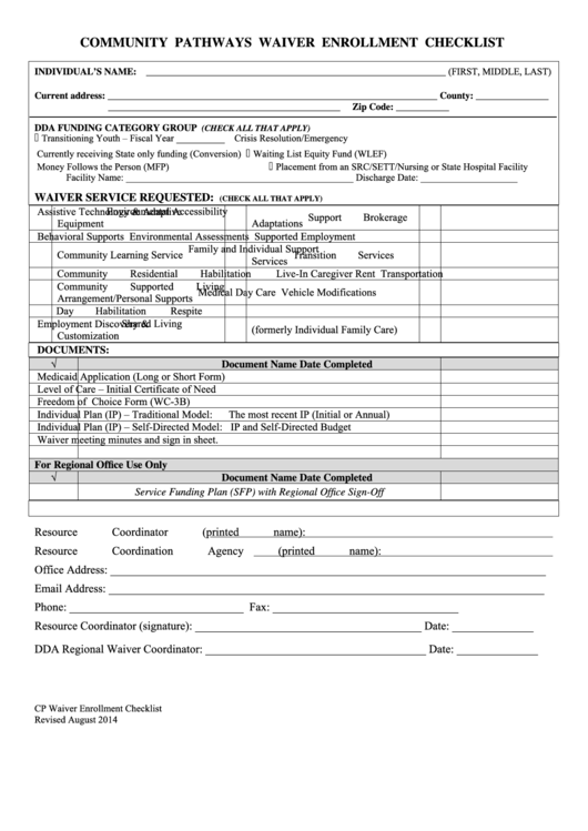 Community Pathways Waiver Enrollment Checklist Printable pdf