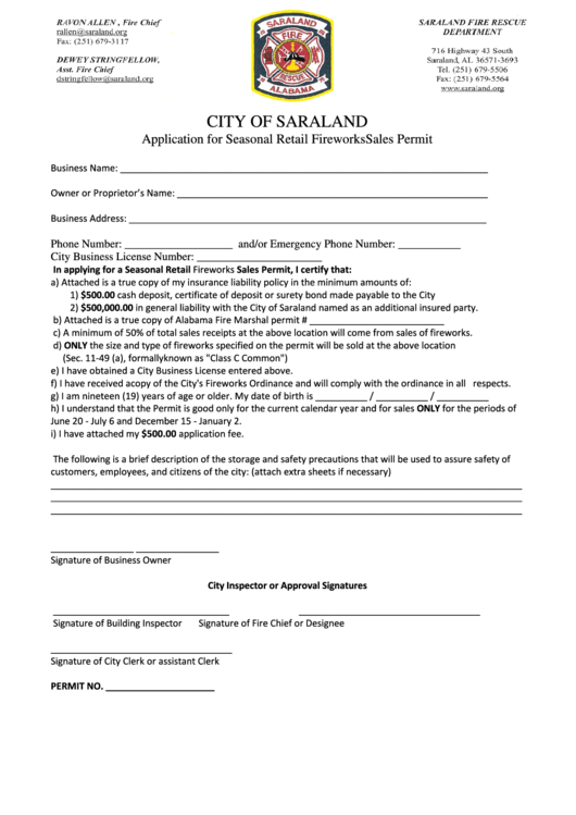Fillable Application For Seasonal Retail Fireworks Sales Permit - City Of Saraland Printable pdf