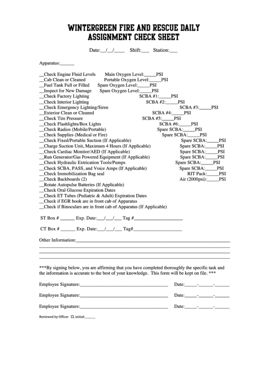 Wintergreen Fire And Rescue Daily Assignment Check Sheet Printable pdf