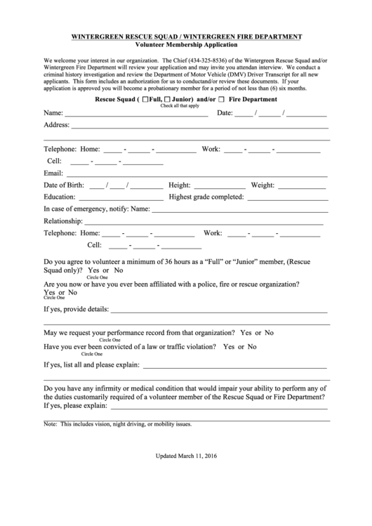 Volunteer Membership Application - Wintergreen Rescue Squad / Wintergreen Fire Department Printable pdf