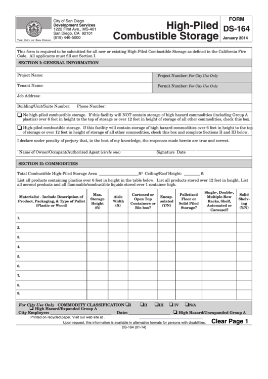 Fillable Form Ds-164 - High-Piled Combustible Storage - City Of San Diego Development Services Printable pdf