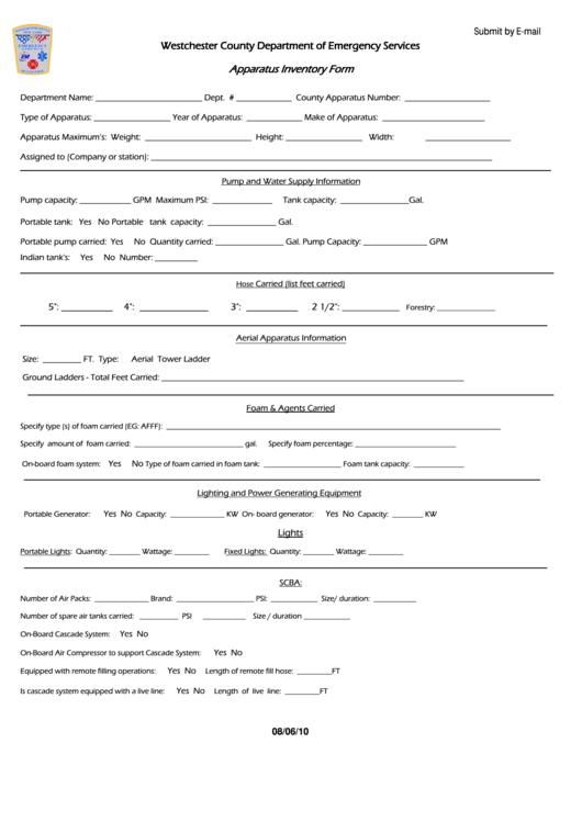 Fillable Apparatus Inventory Form- Westchester County Department Of Emergency Services Printable pdf