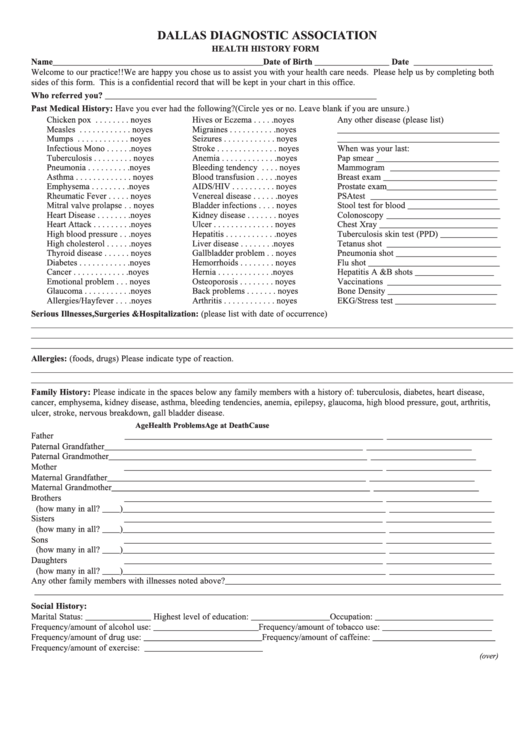 Health History Form Printable pdf