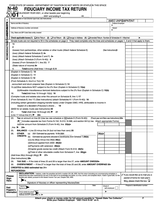 Form N-40 - Fiduciary Income Tax Return - 2001 printable pdf download