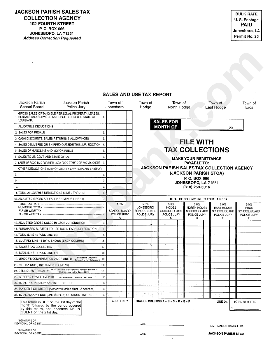 Sales And Use Tax Report - Jackson Parish Sales Tax Collection Agency - State Of Louisiana