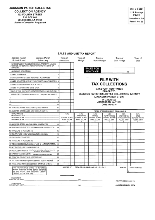 Sales And Use Tax Report - Jackson Parish Sales Tax Collection Agency - State Of Louisiana Printable pdf