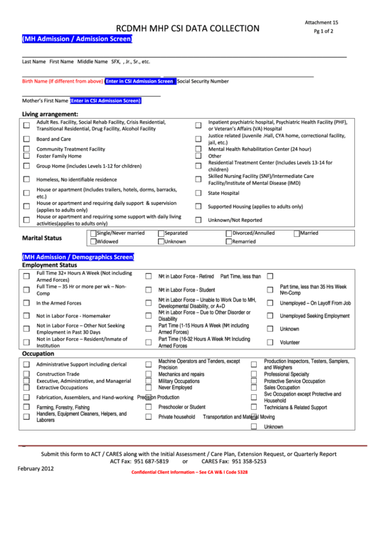Fillable Attachment 15 - Rcdmh Mhp Csi Data Collection - Riverside County Department Of Mental Health Printable pdf