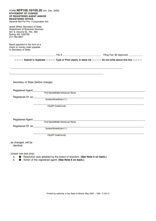 Fillable Form Nfp 105.10/105.20 - Statement Of Change Of Registered Agent And/or Registered Office - 2003 Printable pdf