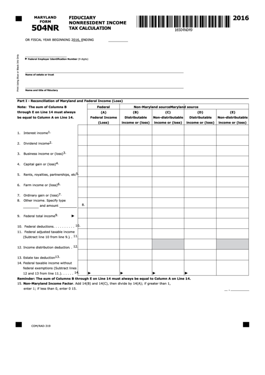 Fillable Form 504nr - Fiduciary Nonresident Income Tax Calculation - 2016 Printable pdf