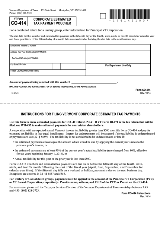 Vt Form Co-414 - Corporate Estimated Tax Payment Voucher Printable pdf