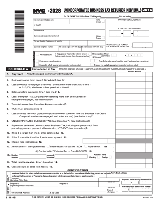 Form Nyc-202s - Unincorporated Business Tax Return For Individuals - 2016 Printable pdf
