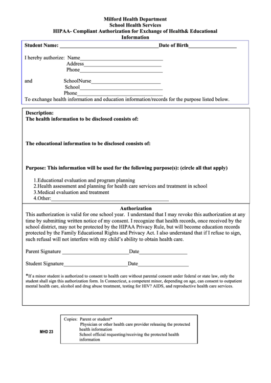 Form Mhd 23 - Hipaa- Compliant Authorization For Exchange Of Health & Educational Information - Milford Health Department Printable pdf
