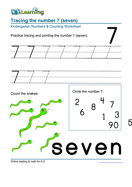 Kindergarten Numbers & Counting Worksheet - Tracing The Number 7 Printable pdf