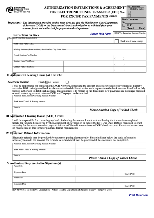 Form 41 0060-1e (A) - Authorization Instructions & Agreement For Electronic Funds Transfer (Eft) For Excise Tax Payments Printable pdf