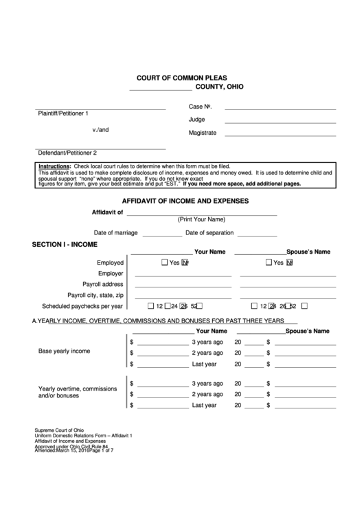 Affidavit Of Income And Expenses - Ohio Court Of Common Pleas Printable pdf