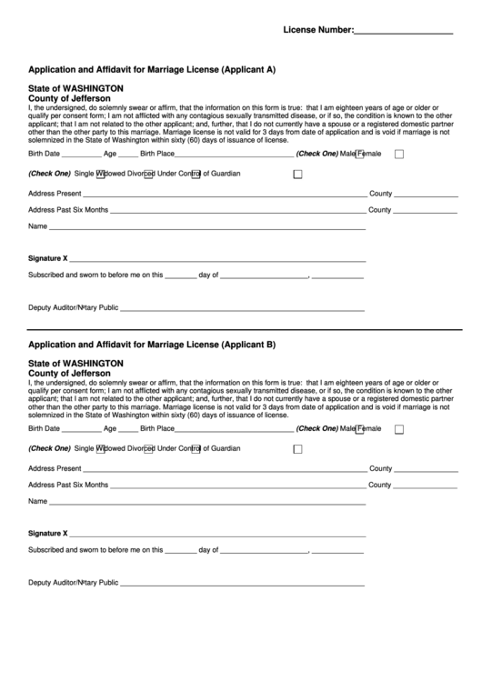 Application And Affidavit For Marriage License (Applicant A) - County Of Jefferson, Washington Printable pdf