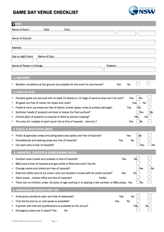Game Day Venue Checklist Template Printable pdf