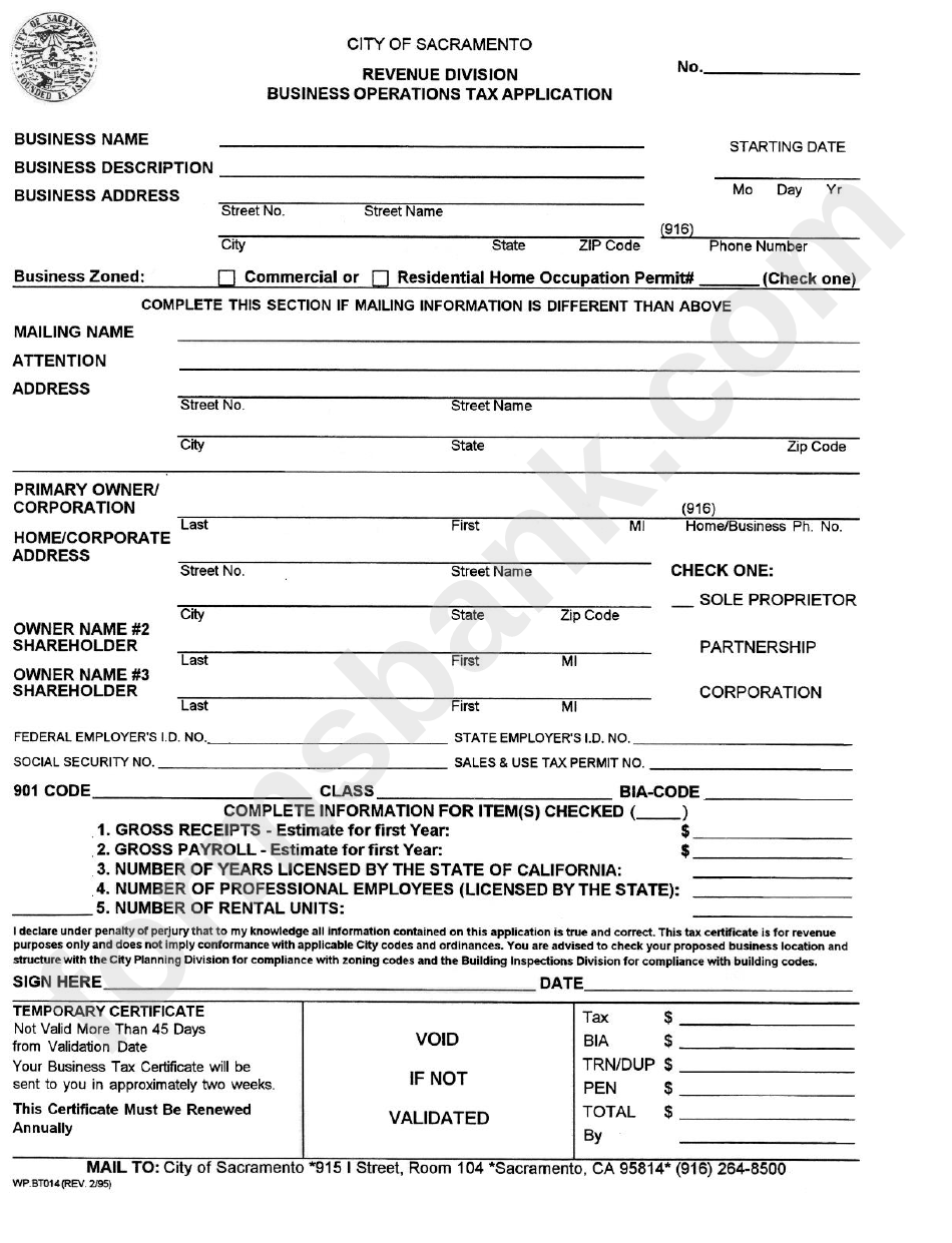 Form Wp.bto14 - Business Operations Tax Application - City Of Sacramento