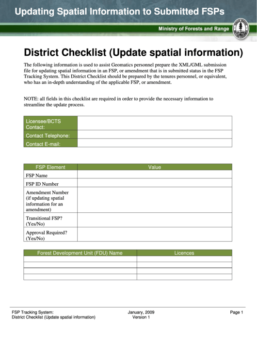 Fsp Tracking System District Checklist (Update Spatial Information) - Ministry Of Forests And Range Printable pdf