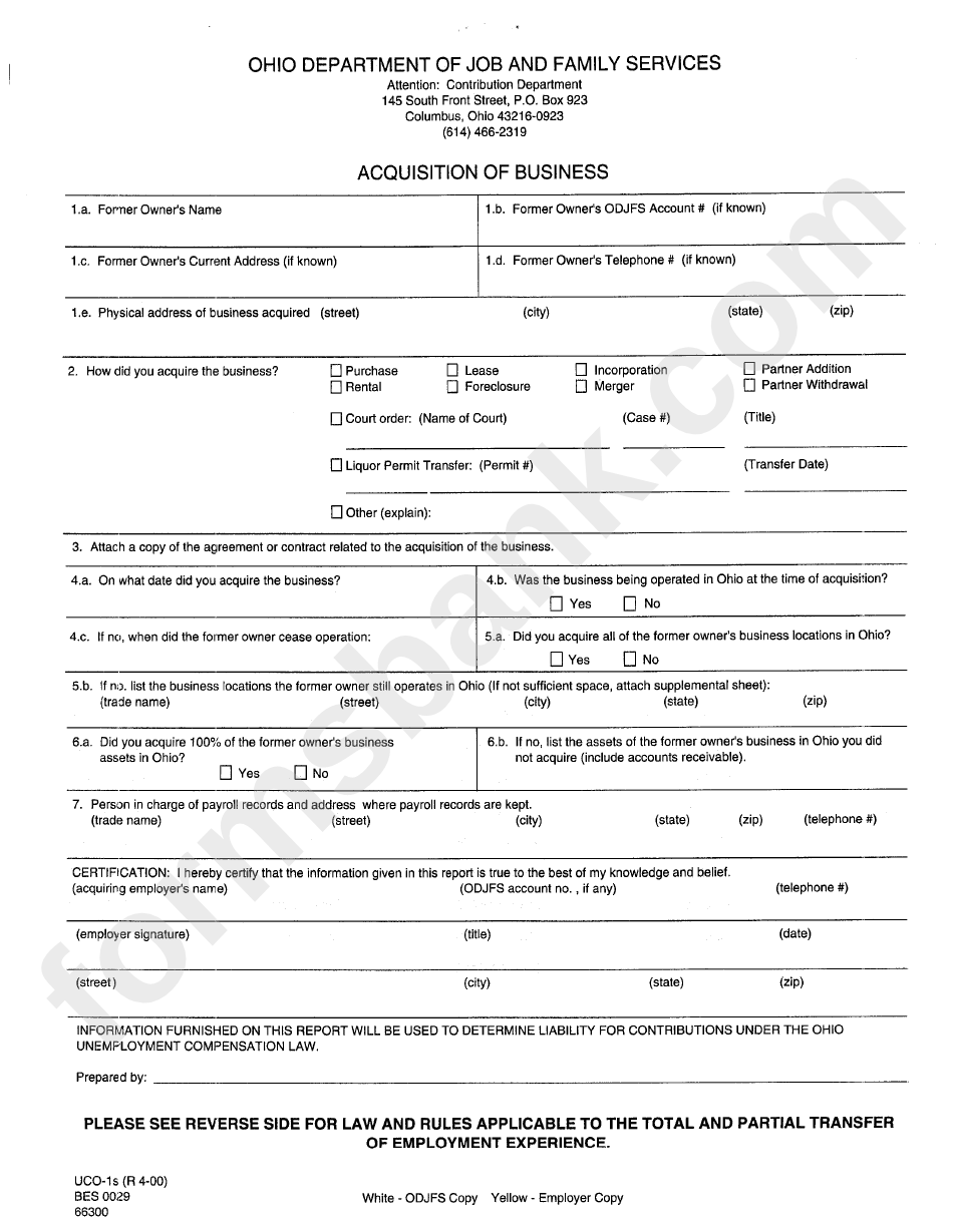 Form Uco-1s - Acquisition Of Business - Ohio Department Of Job And Family Services