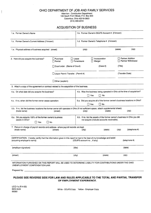 Form Uco-1s - Acquisition Of Business - Ohio Department Of Job And Family Services Printable pdf