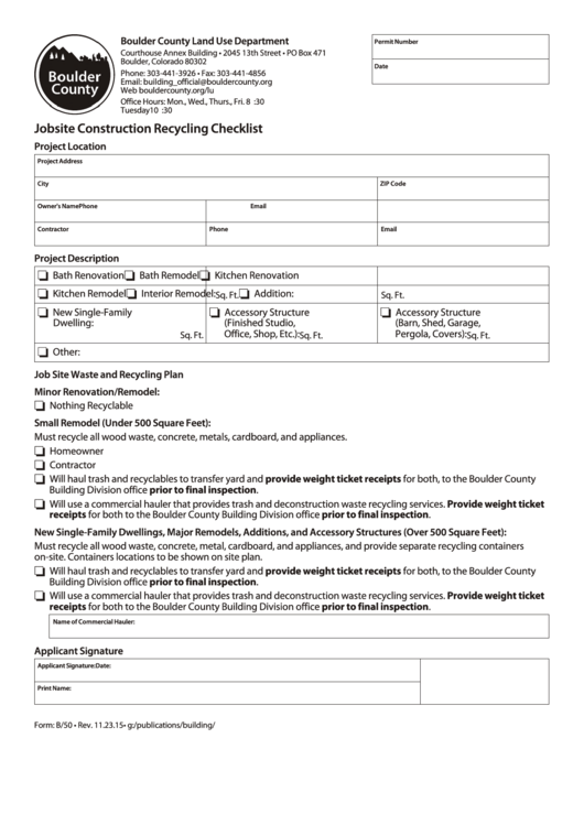 Form B/50 - Jobsite Construction Recycling Checklist Printable pdf