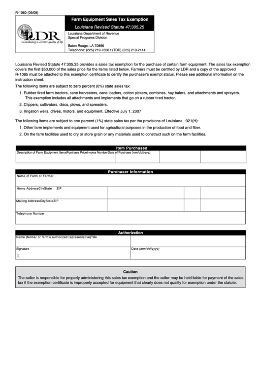 Fillable Form R-1060 - Farm Equipment Sales Tax Exemption Printable pdf