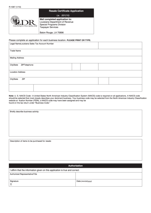 Fillable Form R-1067 - Resale Certificate Application Printable pdf