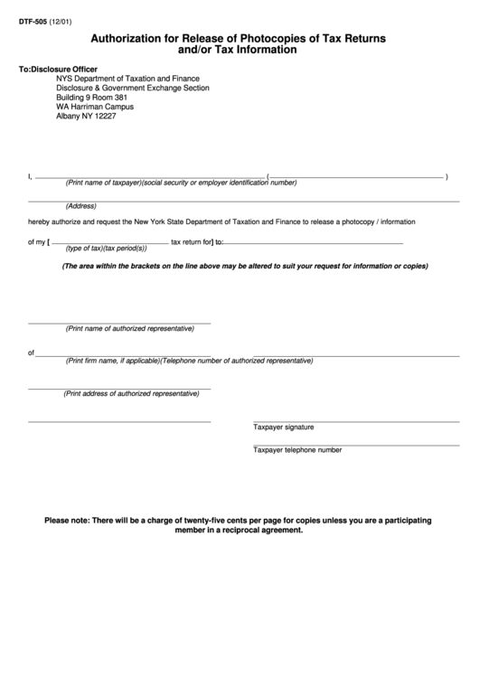 Fillable Form Dtf-505 - Authorization For Release Of Photocopies Of Tax Returns And/or Tax Information Printable pdf