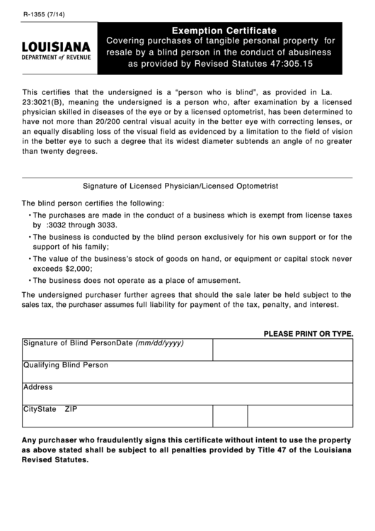 Fillable Form R-1355 - Exemption Certificate Printable pdf