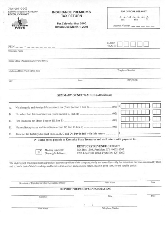 Form 74a100 - Insurance Premiums Tax Return - 2000 Printable pdf