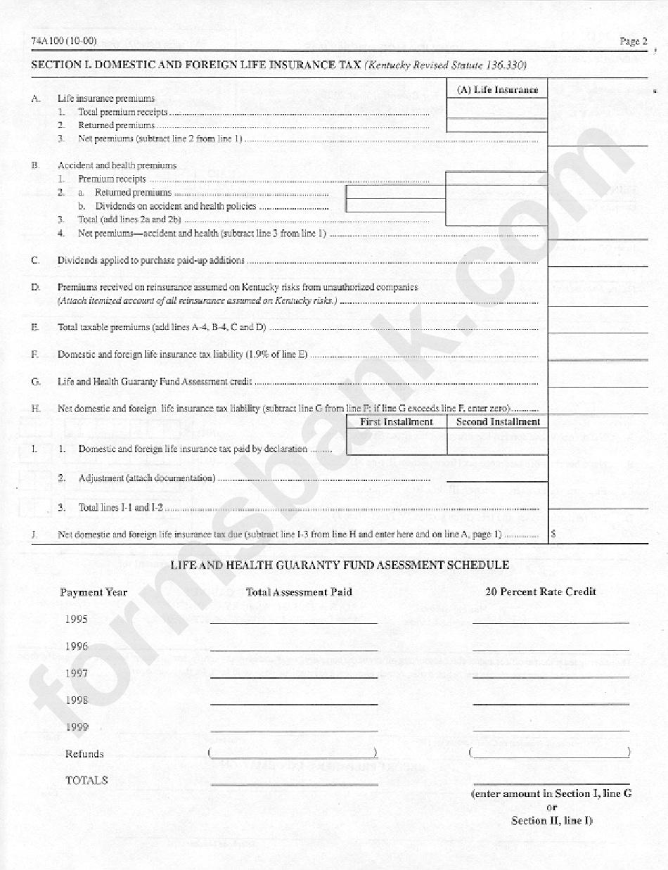 Form 74a100 - Insurance Premiums Tax Return - 2000