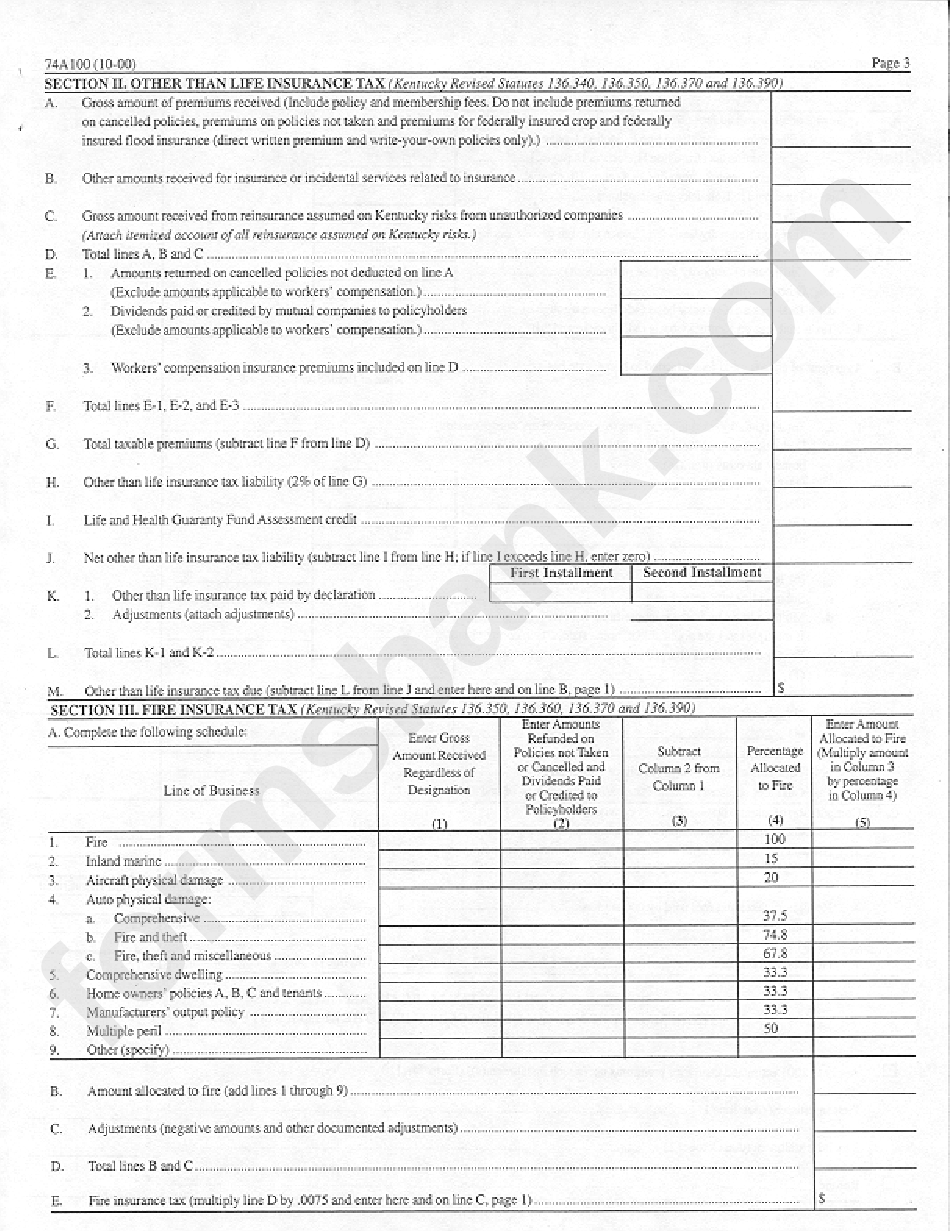 Form 74a100 - Insurance Premiums Tax Return - 2000