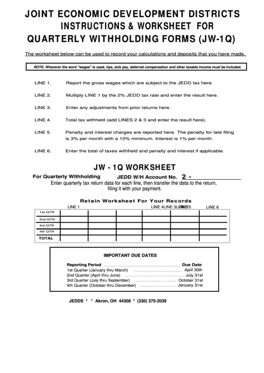 Instructions & Worksheet For Quarterly Withholding Forms (Jw-1q) - Joint Economic Development Districts Printable pdf