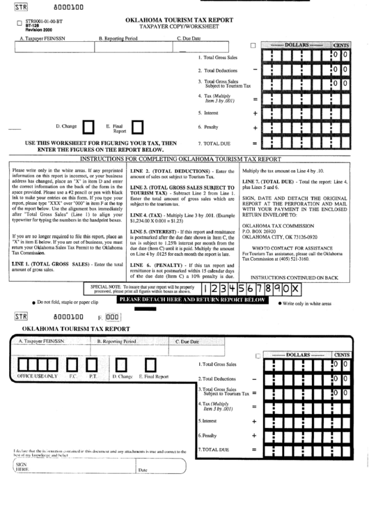 Form Bt-126 - Oklahoma Tourism Tax Report Printable pdf