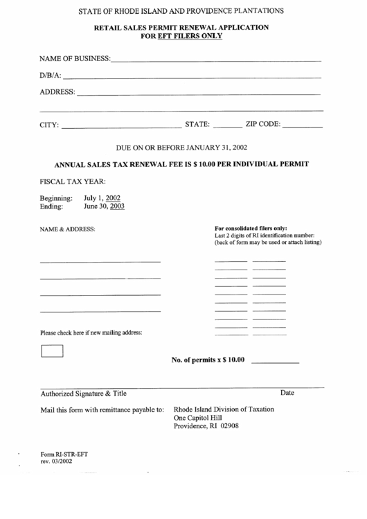 Form Ri-Str-Eft - Retail Sales Permit Renewal Application Printable pdf