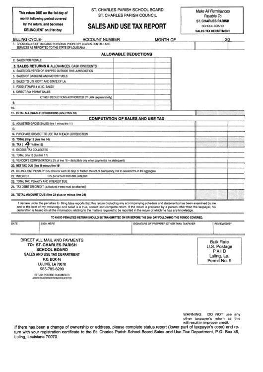 Sales And Use Tax Report - St.charles Parish School Board Printable pdf