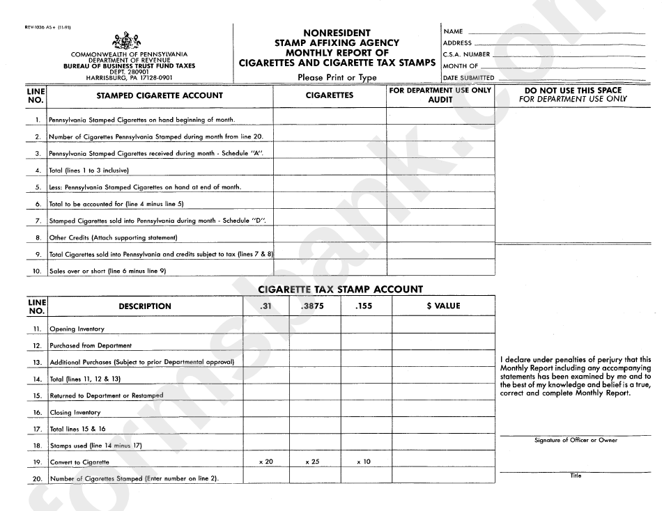 Form Rev-1036 As - Nonresident Stamp Affixing Agency - Monthly Report Of Cigarettes And Cigarette Tax Stamps