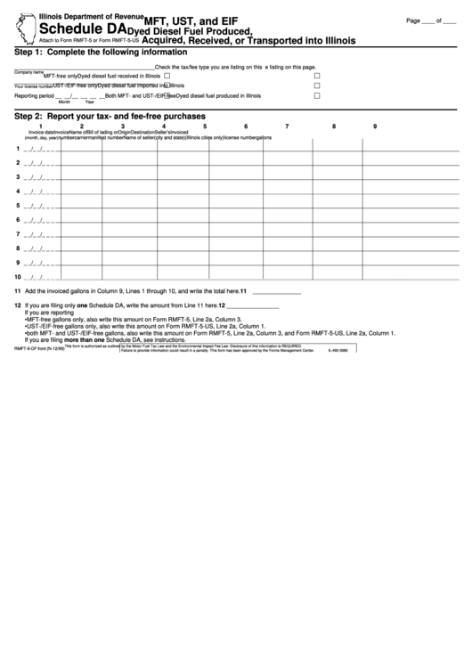 Form Rmft-6-Df - Schedule Da - Mft, Ust, And Eif Dyed Diesel Fuel Produced, Acquired, Received, Or Transported Into Illinois Printable pdf