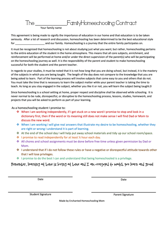 Family Homeschooling Contract Printable pdf