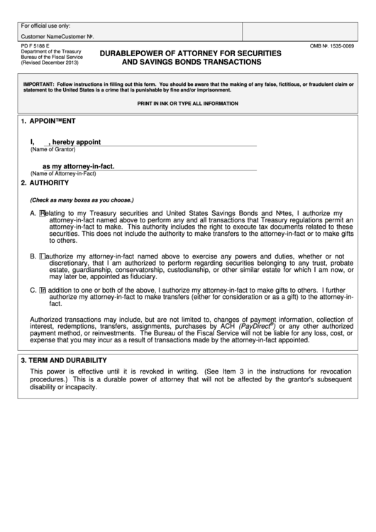 Fillable Form Pd F 5188 E - Durable Power Of Attorney For Securities And Savings Bonds Transactions Form Printable pdf