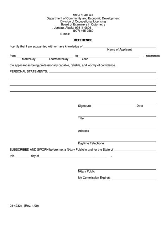Form 08-4232a - Reference - Department Of Community And Economic Development Printable pdf