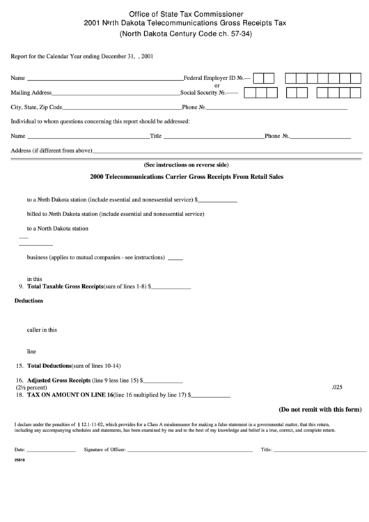 Form 25818 - North Dakota Telecommunications Gross Receipts Tax - 2001 Printable pdf