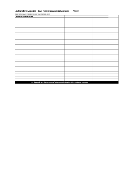 Automotive Logistics - Fuel Receipt Reconciliation Form Printable pdf