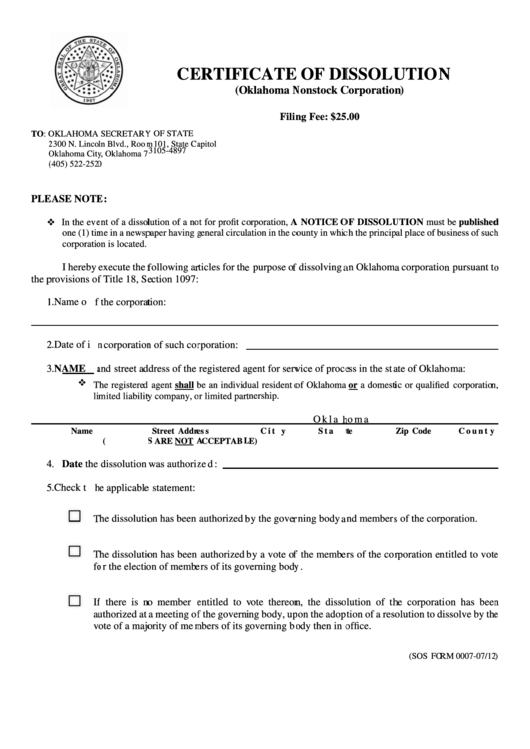 Fillable Sos Form 0007 - Certificate Of Dissolution (Oklahoma Nonstock Corporation) Printable pdf