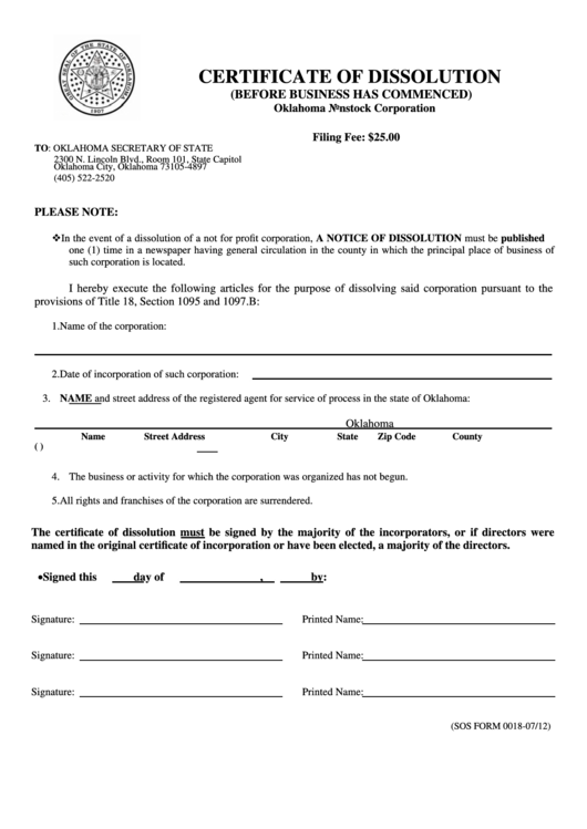 Fillable Sos Form 0018 Certificate Of Dissolution (Before Business