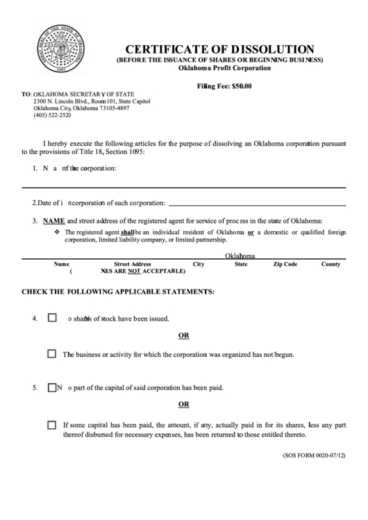 Sos Form 0020 - Certificate Of Dissolution (Before The Issuance Of Shares Or Beginning Business) Oklahoma Profit Corporation Printable pdf